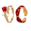 Golden rose ring with red enamel and wide G-letter band with pavé zircon details - Rose Bamboo (G Letter Design) / 2 Pcs/Set / Rose and Bamboo Style
