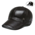 Men's winter dark brown cowhide leather baseball cap with ear flaps and warm lining - Normal Belt Baseball Cap Black