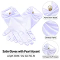 Elegant white satin bridal gloves featuring V-cuff design with a delicate faux pearl accent - One Size / White