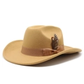 Detail of camel wool fedora hat featuring a brown ribbon and decorative feathers - M (56-58cm) / Camel