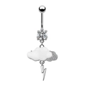 Detailed view of silver belly ring with white enamel cloud and lightning bolt pendant - #7 White Cloud Lightning