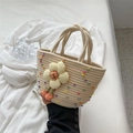 Cream handmade woven cotton handbag with colorful speckles and yellow flower charm - Cream White (Multi-color Pom-poms)