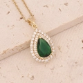 Elegant gold drop necklace featuring a pear-cut emerald green gemstone and halo diamonds - Teardrop Green Gemstone Necklace (3#)
