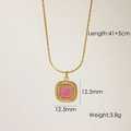 14K gold-plated stainless steel necklace featuring a square pink rhodochrosite pendant - Square Textured Pink Stone