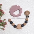 Dusty pink sun silicone teether with wooden bead pacifier clip on waffle fabric - Lion Teether + Beaded Chain / Black
