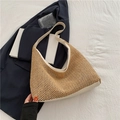 Large beige woven hobo tote bag with cream leather trim and shoulder strap for women - White