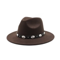 Chapeau fedora en laine marron foncé avec bande en cuir et ornements en métal argenté - M (56-58cm) / café