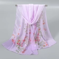 Macro shot of lightweight purple floral chiffon scarf draped over a stainless steel bar - Light Purple (Fresh Floral)