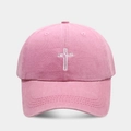 Close-up of Jesus cross embroidery on pink washed cotton vintage baseball cap - Adjustable / Pink