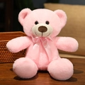 Pink plush teddy bear with matching satin ribbon bow on a cozy wooden background - 35cm / Pink