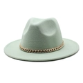 Classic light green fedora wool hat with a decorative gold chain band on white background - M (56-58cm) / Mint Green