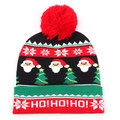 Detailed knit pattern of Christmas beanie with Santa, tree motifs and HO! HO! text - Black Base Red Cuff Santa Reindeer Jacquard Style (A#)