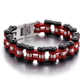 Macro detail of industrial stainless steel bicycle chain bracelet in black, red and silver - Red Black Silver Color Splicing Biker Chain Style (KB86273-K)