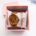 Coffee brown leather strap quartz watch set with rose gold starry moon bangle in a gift box - Watch + Bracelet + Box / Brown