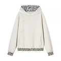 Fashionable beige hoodie with leopard print splicing and distressed hole details - S / Oatmeal