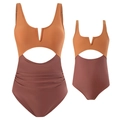 Costumi da bagno coordinati arancioni e bordeaux con cut-out per madre e figlia - S / Cuoio
