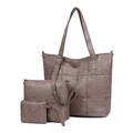 Three-piece taupe quilted tote bag set with crossbody bag and wallet on white background - Camel