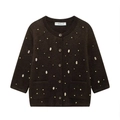 Cardigan in maglia marrone scuro da donna con borchie dorate e decorazioni a foglia - S / caffè