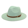 Mint green wide brim Panama straw hat with brown leather belt and gold buckle details - Mint Green