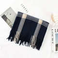 Soft dark blue plaid cashmere-like scarf with fringe details and woven texture - Navy Blue