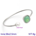 Silver stainless steel open bangle with white shell pearl and light green gemstone - Silver Light Green Stone Pearl Style (KB123018-K)