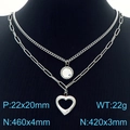 Silver double layer necklace featuring diamond round charm and hollow heart pendant - Silver (KN230204-KFC)