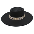 Vintage wool felt fedora with 9.5cm wide brim and bohemian embroidered ribbon trim - M(56-58cm) / Black