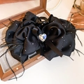 Molla per capelli vintage in raso nero con piume ed un cristallo a forma di cuore - Fermacapelli Glitterato con Piuma e Fiocco a Cuore con Strass