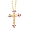 Cross necklace with purple teardrop gemstones and white crystals on a gold chain - Purple