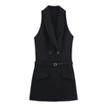Sleeveless black mini blazer dress with double-breasted buttons and belted waist - L / Black