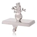 Polished silver snowman Christmas stocking holder with metal base and sturdy mantle hook - Christmas Snowman Hook + Base