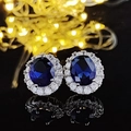 Deep blue oval gemstone earrings with white zircon halo in silver plating - Sapphire Blue Diamond Oval Earrings Led-81