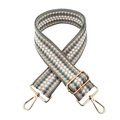 Detail of blue and beige woven bag strap with geometric patterns and gold metal buckles - Grey Blue