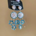 Dettaglio degli orecchini a frangia d'argento con fiori blu e cristalli lucidi - Blu
