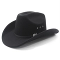 Classic black western cowboy hat with wide brim, leather band and silver buckle on white background - M (56-58cm) / Black