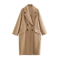 Klassieke camel wollen jas met dubbele rij knopen en revers in een platte weergave - XS / Tan