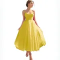 Bright yellow mesh pleated evening dress with spaghetti straps and sweetheart neckline - US size 2 (S) / Top And Bottom / Yellow