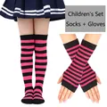 Children's pink and black striped over-the-knee socks and matching long fingerless gloves - Rose Black Striped