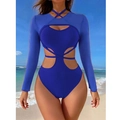 Bañador de una pieza manga larga azul real con aberturas y cordones cruzados para la playa - S / Azul