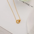 Interlocked gold titanium steel rings necklace with roman numerals and zircon inlay - Double Ring Roman Zirconia