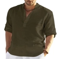 Men's loose casual cotton linen long sleeve shirt in deep olive green finish - S / Army Green