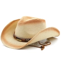 Detail of straw cowboy hat with gradient weave, beaded band and metal feather charm - Beige Rust Red Gradient