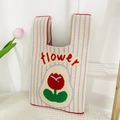 Chic cream knitted tote bag with purple stripes and red tulip flower embroidery - Flower-Red
