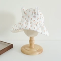 Close-up of children sun hat featuring cute rabbit ears and orange tulip floral patterns - 52cm (3-6 Years) / Beige