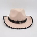 Beige felt jazz hat with ethnic woven band and silver bull head ornament - One Size / Beige Black Trim
