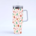 Detail of 40oz stainless steel tumbler featuring autumn leaf patterns and clear straw lid - Style 10-Autumn Acorn