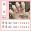 Pink press-on nails MY100 with silver glitter and floral patterns, set of 24 pieces - MY100 Crystal Small Flower