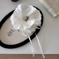 Elegant white lace scrunchie with delicate embroidery and long decorative ribbons - Lace Streamer Style / White