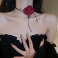 Close-up of red fabric rose choker necklace with elegant long ribbons on model - 32# Red-Small