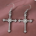 Silver-toned cross drop earrings featuring sparkling zircon pave on fish hook hooks - White Gold Full Diamond Hook Cross